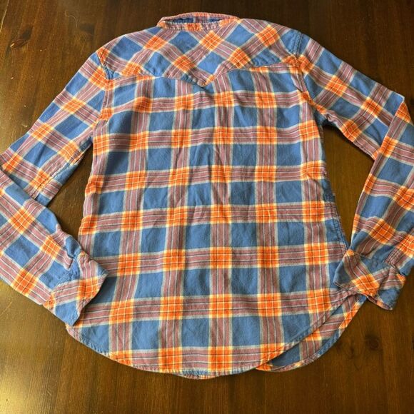 Hollister Kids Orange Blue Plaid Flannel Shirt Snap Button Long Sleeve M - Picture 3 of 10